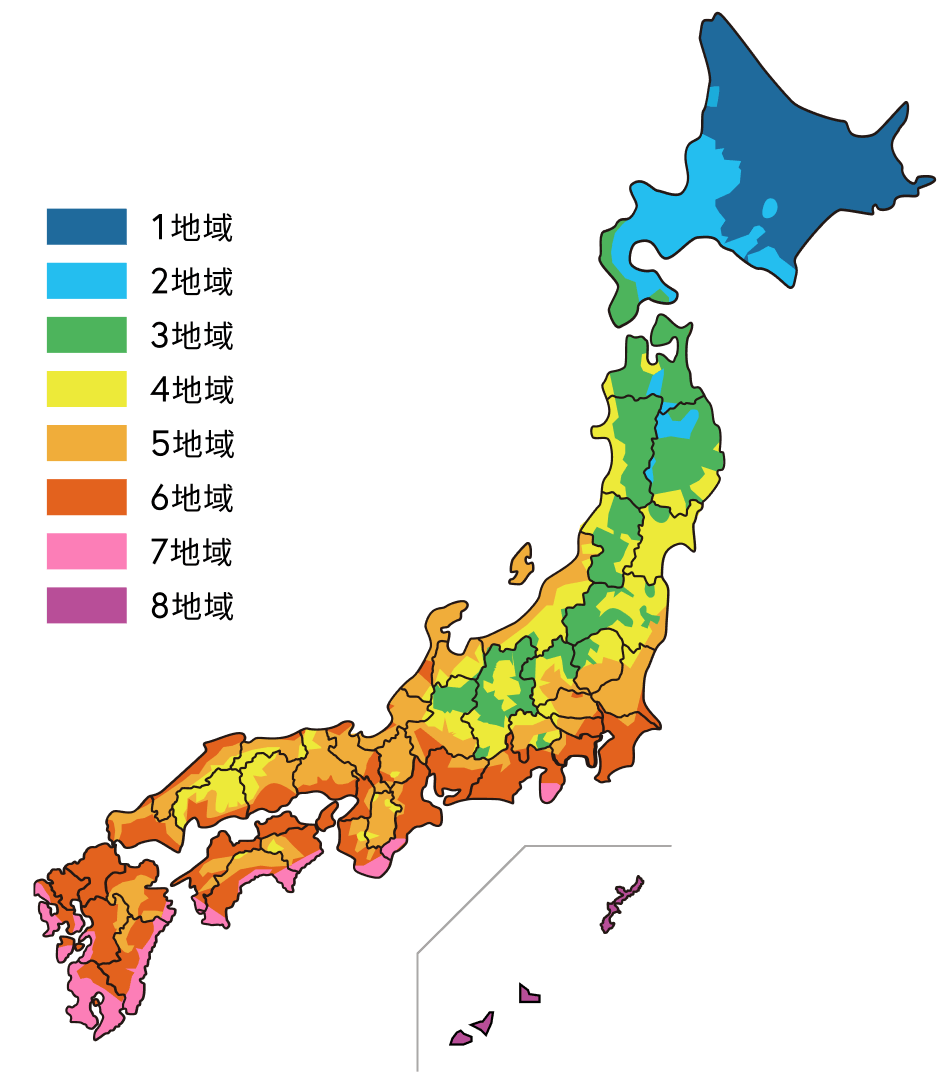 地域区分の各断熱のグレードグレード エリアマップ
